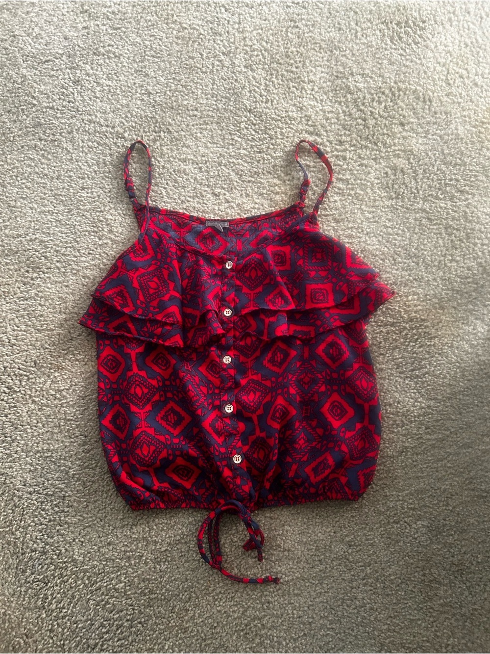 Charlotte Russe Red and Navy Geometric Ruffle Tie-Hem Cami